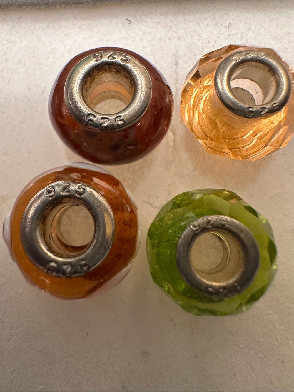925 Glass Charm Beads (4) - Amber, Olive, Topaz Tones
